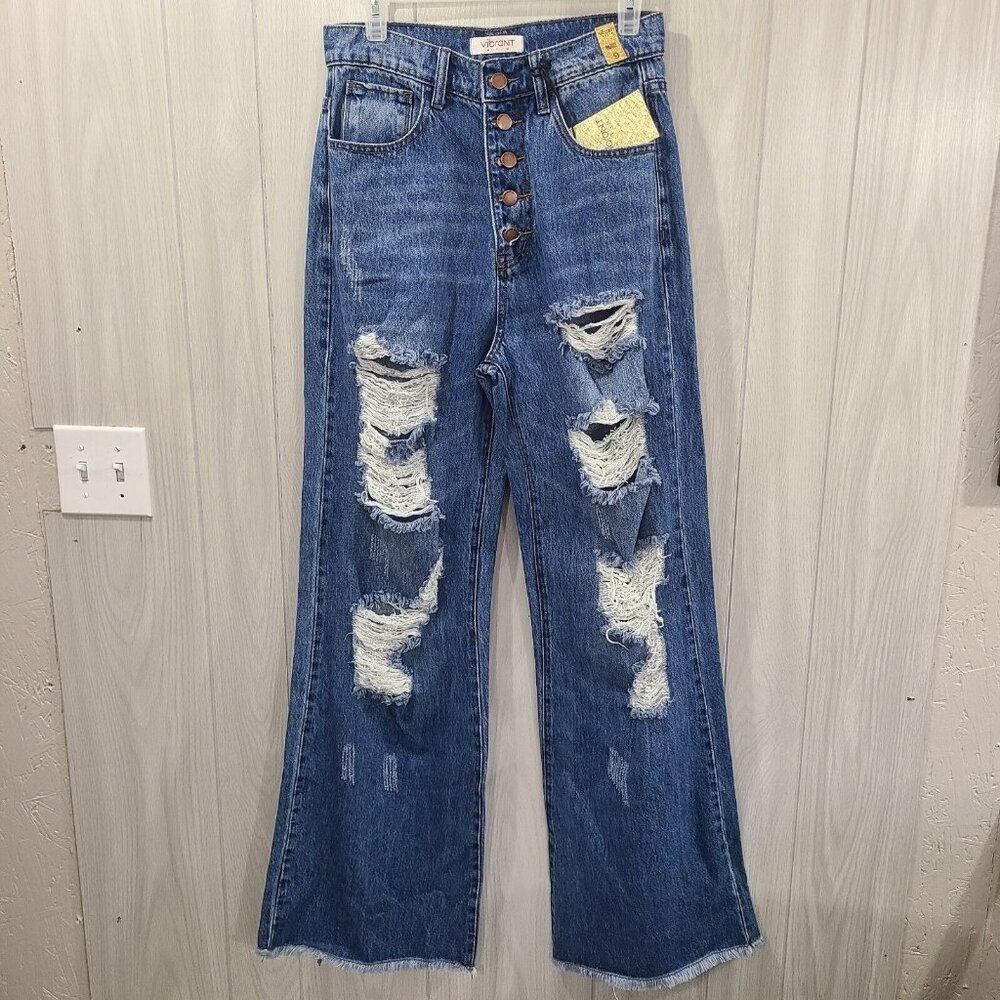Vibrant Jeans Button Fly Size 9 Distressed NWT Bootcut Cutoff Flared